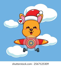 Cute kangaroo wearing santa hat fly with plane in Christmas day. 
Cartoon vector illustration in Christmas day.