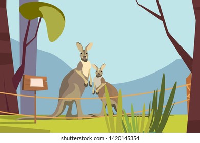 Cute kangaroo in zoo flat vector illustration. Wallaby mom with little cub. Exotic mammals, marsupial animals. African wildlife, australian fauna. Nature reserve, national park with tropical flora