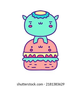 Cute kappa and burger illustration, with soft pop style and old style 90s cartoon drawings. Artwork for sticker, patchworks; for kids clothes.