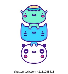 Cute kappa, cat and panda illustration, with soft pop style and old style 90s cartoon drawings. Artwork for street wear, t shirt, patchworks; for teenagers clothes.