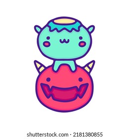 Cute kappa and devil illustration, with soft pop style and old style 90s cartoon drawings. Artwork for sticker, patchworks; for kids clothes.