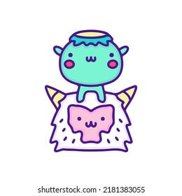 Cute kappa and yeti illustration, with soft pop style and old style 90s cartoon drawings. Artwork for sticker, patchworks; for kids clothes.