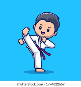 Cute Karate Kid Cartoon Vector Icon Illustration. People Sport Icon Concept Isolated Premium Vector. Flat Cartoon Style 