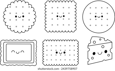 Cute Kawai Biscuits and cheese Cartoon Character Coloring Page Vector Illustration 
