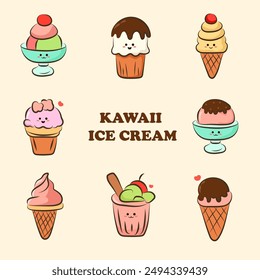 cute kawai cartoon ice cream for elements, clipart or sticker