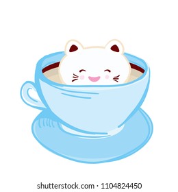 Cute Kawai cat in blue cup of froth art coffee, coffee art isolated on white background. Latte Art 3D. milk foam top on the cup of hot coffee or chocolate. Doodle sketch. Vector