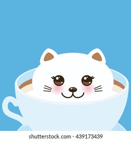 Cute Kawai cat in blue cup of  froth art coffee, coffee art isolated on white background. Latte Art 3D. milk foam top on the cup of hot coffee or chocolate. Vector