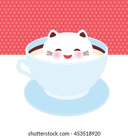 Cute Kawai cat in blue cup of  froth art coffee, isolated on white pink polka dot wall background. Latte Art 3D. milk foam top on the cup of hot coffee or chocolate. Vector