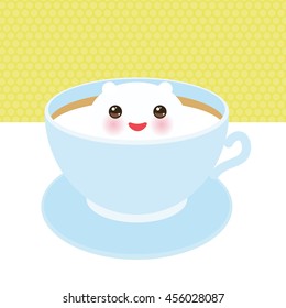 Cute Kawai cat in blue cup of  froth art coffee, isolated on white yellow polka dot wall background. Latte Art 3D. milk foam top on the cup of hot coffee or chocolate. Vector