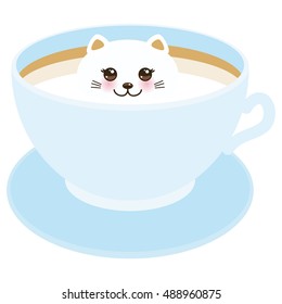 Cute Kawai cat in blue cup of froth art coffee, coffee art isolated on white background. Latte Art 3D. milk foam top on the cup of hot coffee or chocolate. Vector