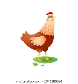 Cute kawai hen standing walking on green farmyard