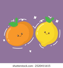 Cute kawai lemon and orange fruits. Vector illustration.