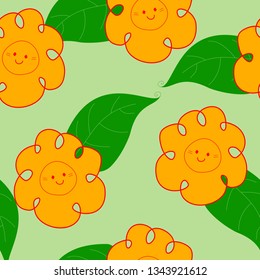Cute kawai loop flowers, spring seamless vector pattern. Hand drawn colorful floral elements.