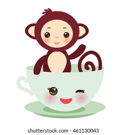 Cute Kawai pink cup with brown monkey isolated on white background. Vector illustration