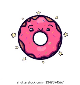 Cute, kawai pink donut with topping and little stars. Object separated from the background. Vector element for your wrapping, card, textiles, stickers, pins, badges and for your creativity.