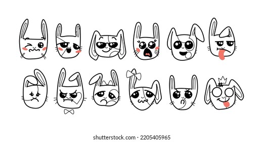 Cute Kawai rabbits. Different expression muzzles bunnies in doodle style. Angry, cheerful, joyful, happy, sick, love, suspicious, playful, laughing kawaii hare. Vector art