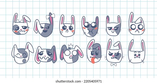 Cute Kawai rabbits. Different expression muzzles bunnies in doodle style. Angry, cheerful, joyful, happy, sick, love, suspicious, playful, laughing kawaii hare. Vector art
