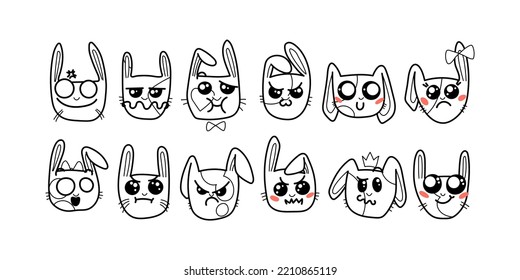Conejos de Kawai. Diferente expresión amordaza conejos en estilo doodle. Enojado, alegre, alegre, feliz, enfermo, amoroso, sospechoso, juguetón, riéndose liebre kawaii. Arte vectorial