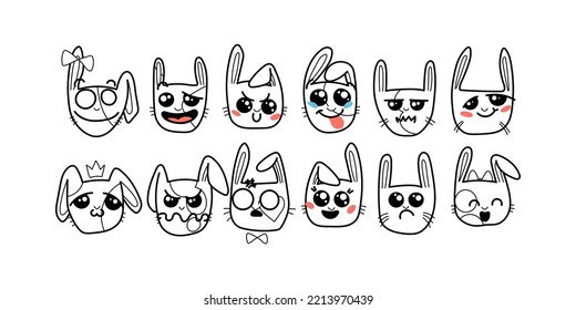 Cute Kawai rabbits. Different expression muzzles bunnies in doodle style. Angry, cheerful, joyful, happy, sick, love, suspicious, playful, laughing kawaii hare. Vector art