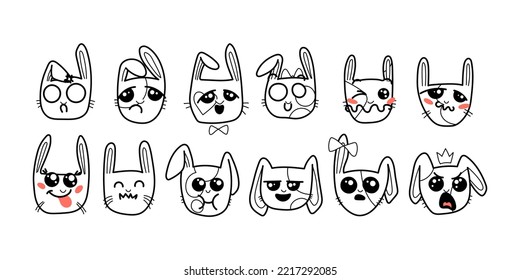Cute Kawai rabbits. Different expression muzzles bunnies in doodle style. Angry, cheerful, joyful, happy, sick, love, suspicious, playful, laughing kawaii hare. Vector art