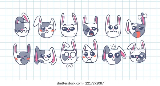 Cute Kawai rabbits. Different expression muzzles bunnies in doodle style. Angry, cheerful, joyful, happy, sick, love, suspicious, playful, laughing kawaii hare. Vector art