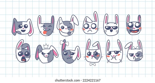 Cute Kawai rabbits. Different expression muzzles bunnies in doodle style. Angry, cheerful, joyful, happy, sick, love, suspicious, playful, laughing kawaii hare. Vector art