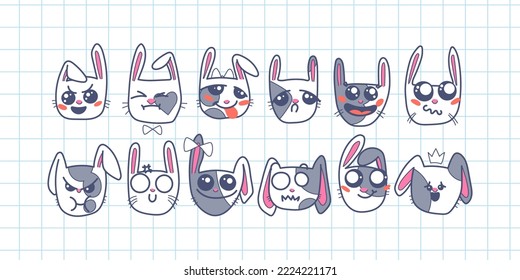 Cute Kawai rabbits. Different expression muzzles bunnies in doodle style. Angry, cheerful, joyful, happy, sick, love, suspicious, playful, laughing kawaii hare. Vector art