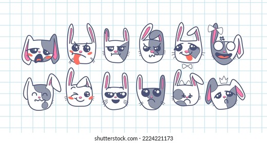 Cute Kawai rabbits. Different expression muzzles bunnies in doodle style. Angry, cheerful, joyful, happy, sick, love, suspicious, playful, laughing kawaii hare. Vector art