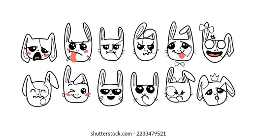Cute Kawai rabbits. Different expression muzzles bunnies in doodle style. Angry, cheerful, joyful, happy, sick, love, suspicious, playful, laughing kawaii hare. Vector art