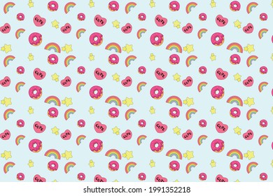 Cute Kawai Seamless Pattern on blue Background. stars, heart and donut rainbow Smile. Colorful Summer Collage with kawaii. Comic Design Wallpaper. Flat Cartoon Vector Illustration