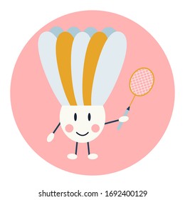 Cute kawai shuttlecock with a badminton racket in hand on a pink round background. Vector illustration.
