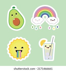 Cute Kawai Stickers On Green Background Stock Vector (Royalty Free ...