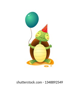 Cute kawai turtle in birthday hat holding balloon in hand isolated on white background