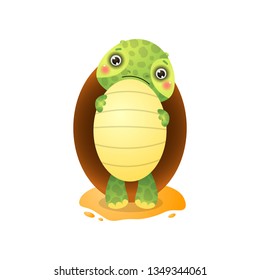Cute kawai turtle holding big egg in paws isolated on white background