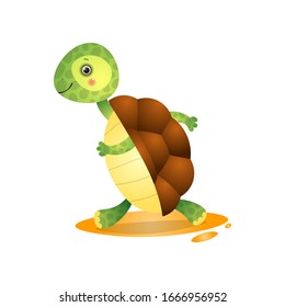 Cute kawai turtle running away hurrying isolated on white background