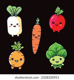 Cute and kawai vegetables icon set illustration. tomato, cabbage, carrot, radish, potato, lettuce