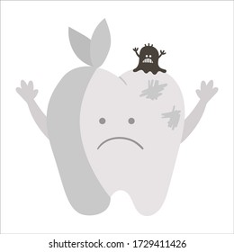 Cute kawaii aching tooth with bandage and microbe. Vector caries teeth icon for children design. Funny dental care picture for kids. Dentist clipart with mouth hygiene concept on white background