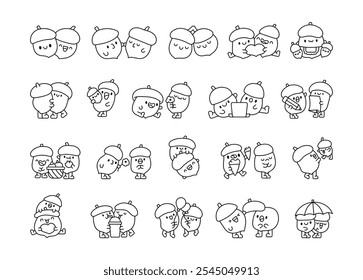 Cute kawaii acorn couple cartoon characters in outline style for Valentines Day and family love themed design illustrations with sweet moments and fun poses