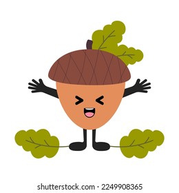 Cute kawaii acorn with eyes, smile emoji, hands and legs. Flat design vector illustration