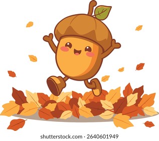 Cute Kawaii Acorn Mascot with Leaf Hat Jumping in Fall Leaves Vector