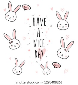 Cute kawaii adorable rabbit bunny cartoon doodle pastel color with have a nice day text wallpaper background for greeting card or poster banner vector eps10