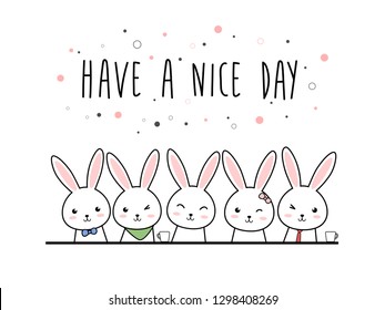 Cute kawaii adorable rabbit bunny cartoon doodle pastel color with have a nice day text wallpaper background for greeting card or poster banner vector eps10