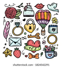 Cute kawaii air balloon sticker cartoon set item with wedding icon vector icon