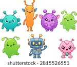 Cute kawaii alien and robot characters set, friendly monster and space creature vector illustration isolated on white background.