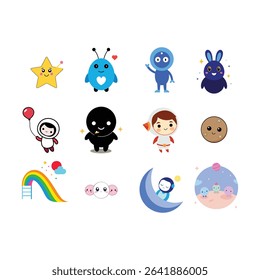 Cute Kawaii Alien Spaceship and Planet Scene Line Art Vector illustration
