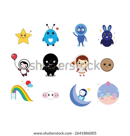Cute Kawaii Alien Spaceship and Planet Scene Line Art Vector illustration

