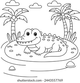 Cute kawaii alligator cartoon character on the island background coloring page vector illustration