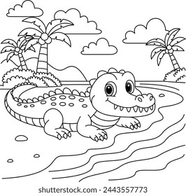 Cute kawaii alligator cartoon character on the island background coloring page vector illustration