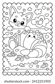 Cute kawaii almond croissant and corgi. Sweets, dessert. Cute coloring page for kids and adults, black and white vector illustration.