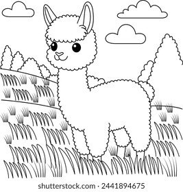 Lindo kawaii alpaca en medio de picos imponentes y colinas ondulantes dibujos animados para colorear página ilustración vectorial